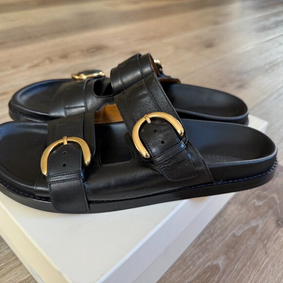 Sezane Lenny Sandals Black Leather Sandals with Gold Buckles-10 - Picture 4 of 8